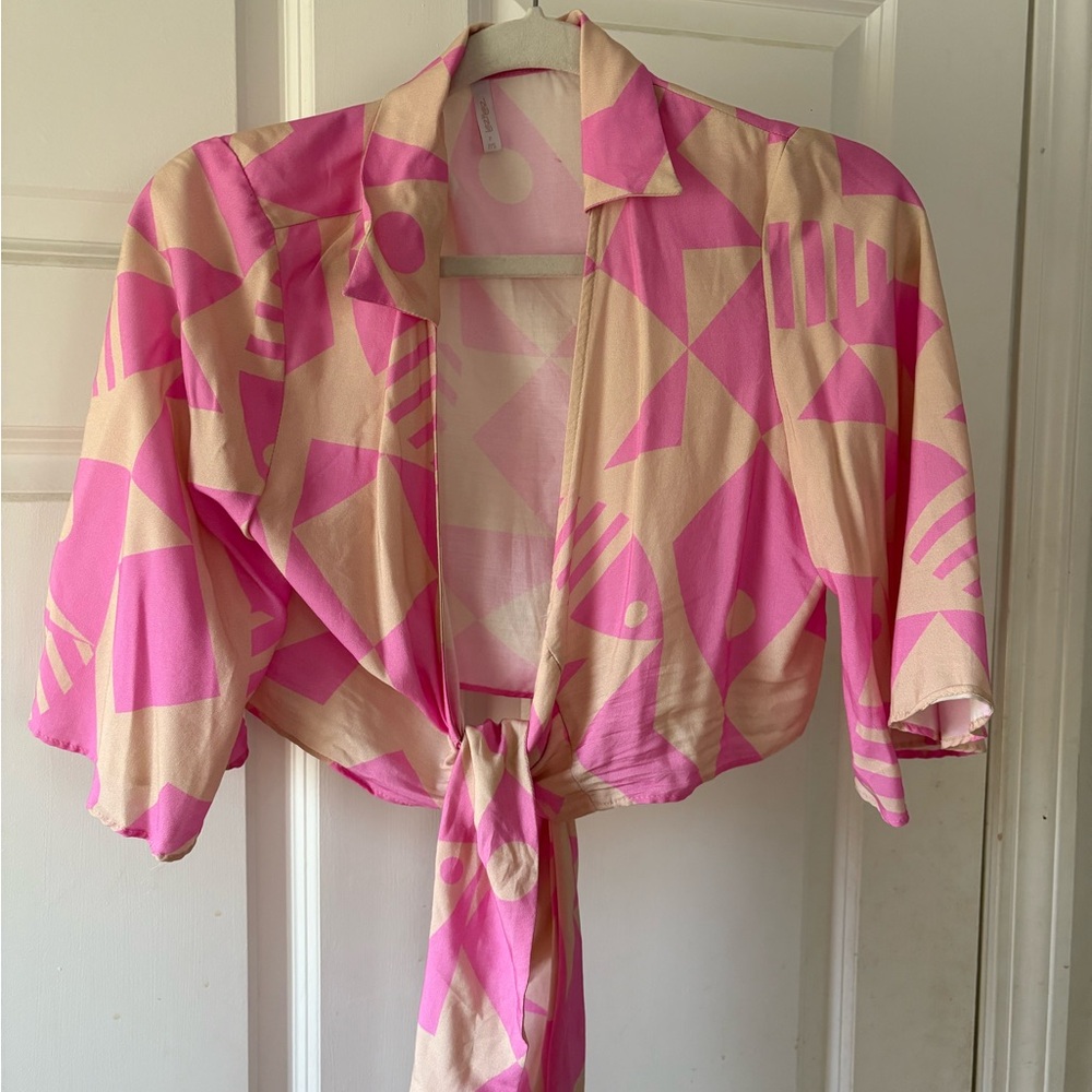 Pink and Beige Geometric Tie-Front Blouse